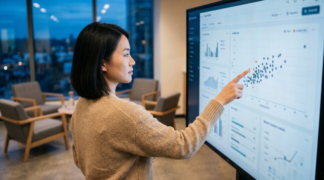 Asian business woman pointing at data charts on a large screen in the office.
