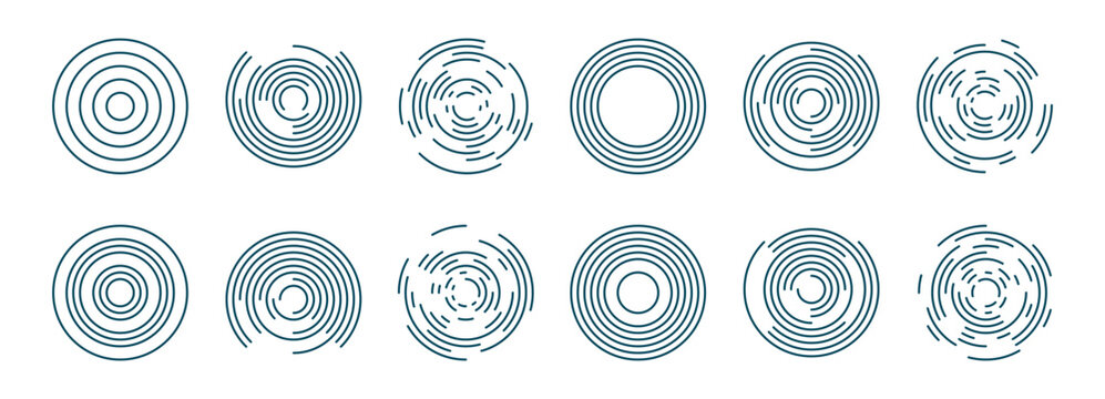 Concentric circle patterns set. Dark blue outlined rings radiating from center with broken, interrupted line segments. Logo icon, abstract design, shockwave graphic, target symbol. Vector.