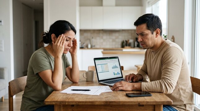 Stressed couple reviewing finances and bills at home.