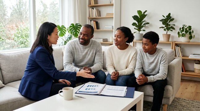 Financial advisor explains investment plan to a family at home.