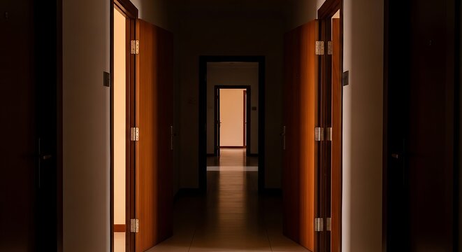 Eerie dark hallway with multiple open wooden doors, mysterious dim corridor in a building, liminal space interior with warm light glowing from rooms