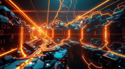 Obraz premium Futuristic digital space. Glowing orange lines form complex structures. Dark background emphasizes bright neon illumination. Abstract technology concept.