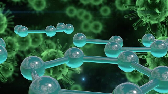 Camera nearing branch orbiting cyan molecule revealing hex ring showing form over green virus field