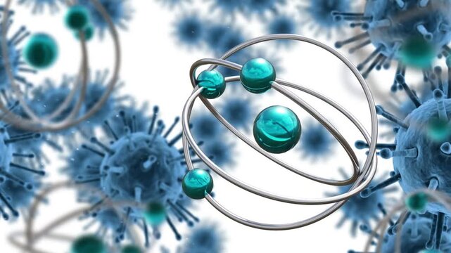 On entering silver orbital rings rotating and drifting among blue spiky spheres, showing depth