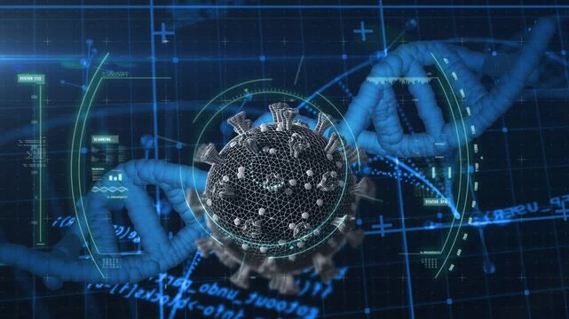 Scan initiating, DNA helix rotating and drifting while viral sphere entering, HUD identifying virus