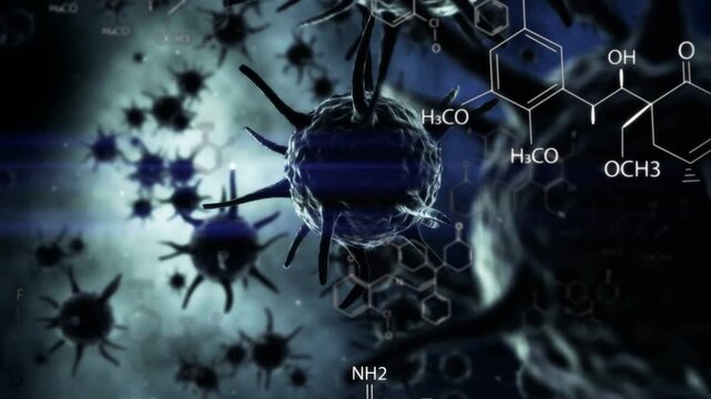 Camera pushing in, orbiting, main spiky orb rotating, tendrils extending to reveal molecular labels