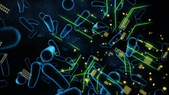 Green squares appearing prompt glowing blue rods tumbling forward, forming circuit patterns