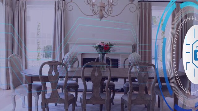 Security HUD entering right, expanding as cyan circuits scanning dining table to show lock