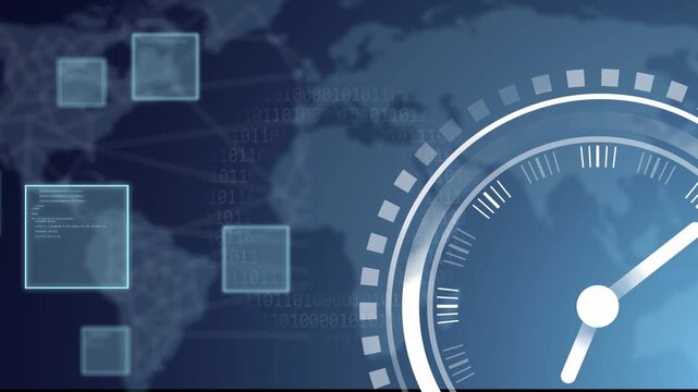 Clock ticking and hand appearing, gauge receiving sliding data panels from map to show global flow