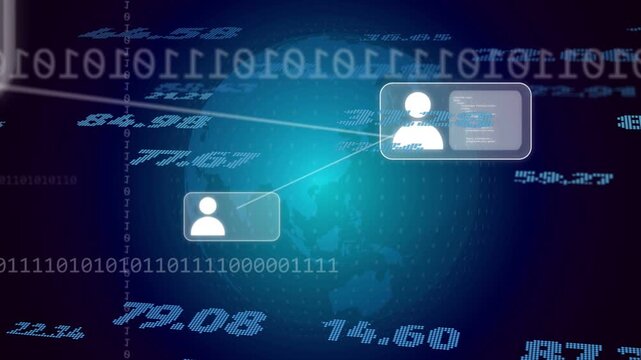 Profile card fading in, globe rotating, nodes linking, numbers scrolling, showing global network