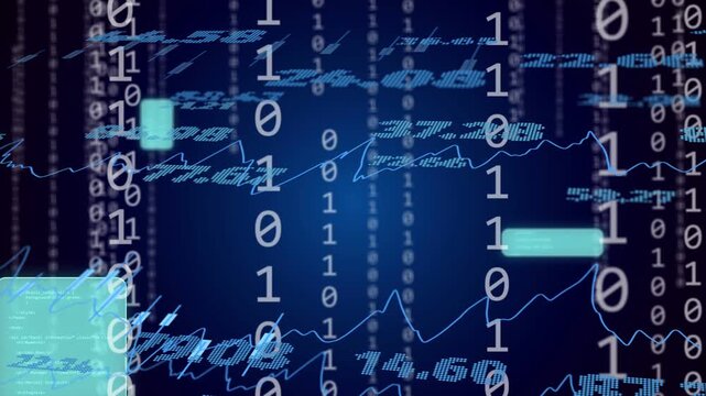 Bits falling starting floating data view teal panels sliding tickers turning showing data shifts