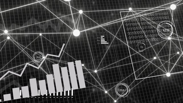 On data feed HUD animating, nodes expanding, bars rising, binary panel linking to display metrics