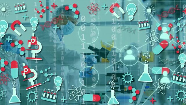 Scientist reaching for blue sample and pipetting, animated icons overlaying microscope for research