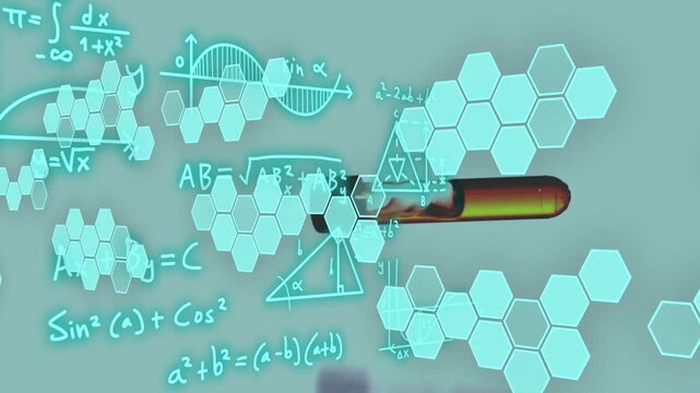 Metallic probe entering upper right, sweeping left, scanning cyan hexes while neon math adding data