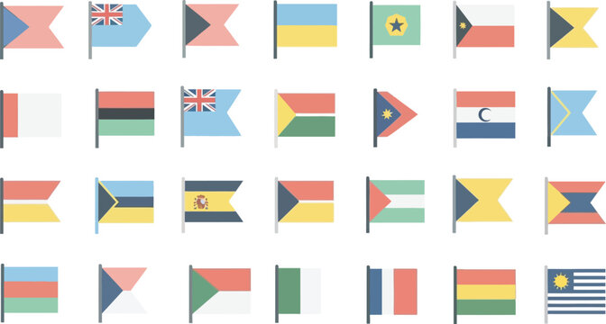 Set of diverse national flag icons in flat design with national flags, commerce