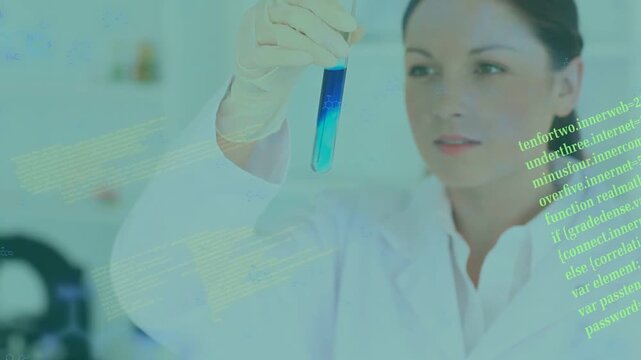 Researcher raising test tube, checking blue-cyan gradient while neon overlays appearing around tube