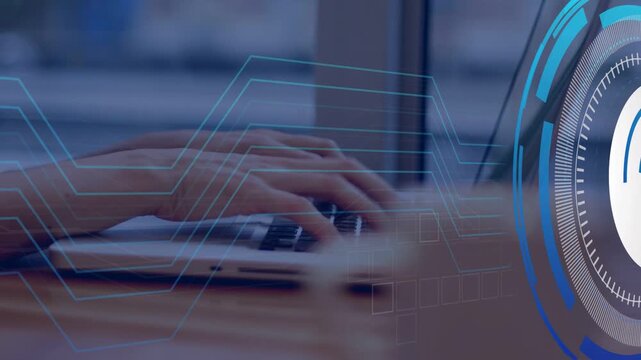 Hands typing on laptop while lock icon sliding in and blue hex lines pulsing, emphasizing security