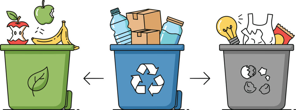 Waste Sorting And Recycling Bin Vector Illustration Featuring Organic Plastic And General Trash Management System