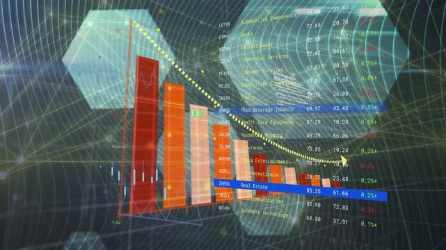 Wireframe grid appearing 3D bars growing labels sliding and trendline tracing showing sector shifts