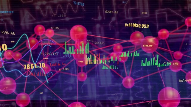 On data feed 3D node network pulsing, connections shifting, charts updating, visualizing markets