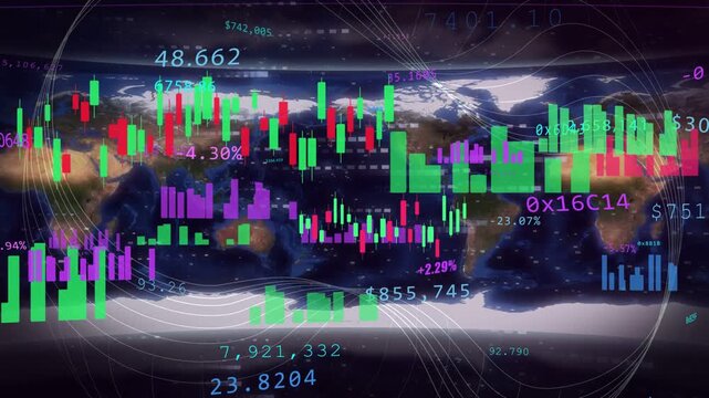 On data pulse global map animating candles bars numbers updating lines sweeping showing market flow