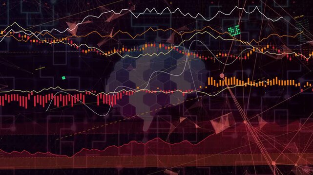 Thin lines tracing curved paths starting central brain shape linking charts showing data growth