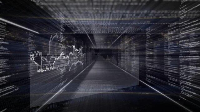 Central light sparking tunnel HUD surging, panels fading, code rising, graph tracing to show data