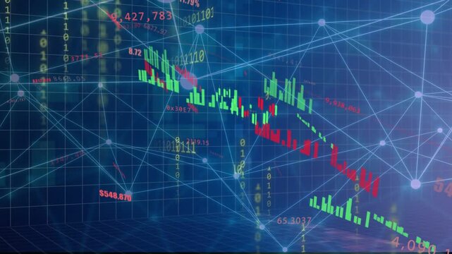 Data pulse starting candles appearing and sliding downward over mesh nodes, showing market decline