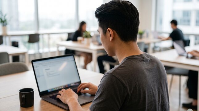 Young Asian man coding on laptop in modern open office coworking space.