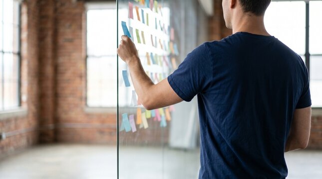 Young businessman placing sticky notes on glass wall in modern office.