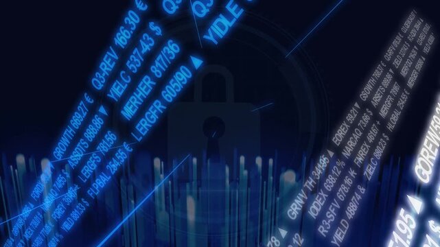 Cam moving in making blue ribbon glowing and white ticker sliding bars pulsing showing finance data