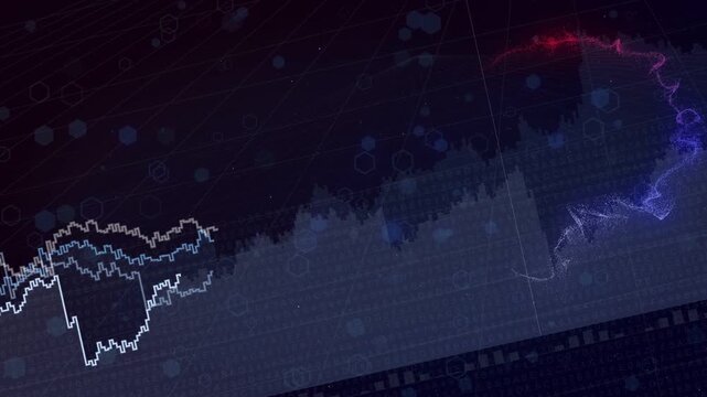 Spark appearing initiating ribbon tracing right while white step graphs extending, showing data