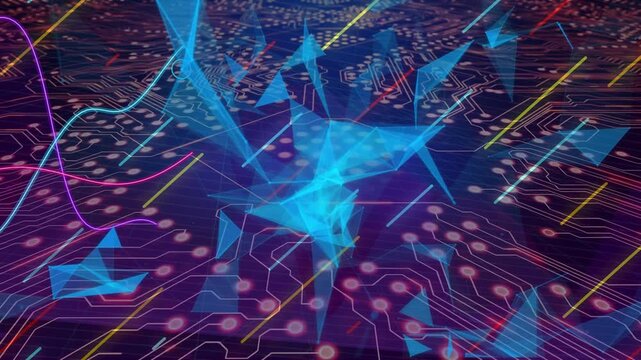 Pads pulsing, blue lowpoly mesh rising, splitting into shards as ribbons weave showing data flow