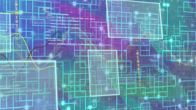 Data network graphic animating on input pulse, streaming binary and sweeping waveforms showing flow