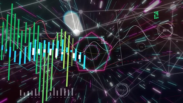 Neon pentagon pulsing as particle streaks radiating bars rising and oscillating showing data trends