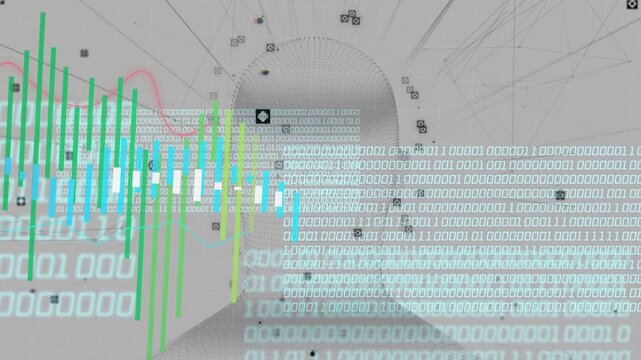 Binary block emerging from right, starting 3D head rotating and bars rising, showing data analysis