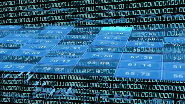 Translucent blue data tiles shifting and glowing as binary layer starts, showing global data flow