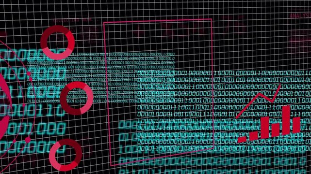 Zooming right, magenta bar chart rising and pie rotating while binary scrolling showing rising data
