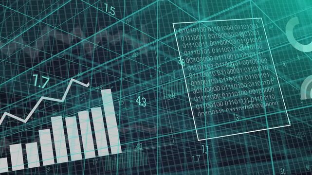 On data arrival, dashboard updating, sliding charts rising, revealing binary panel for analysis