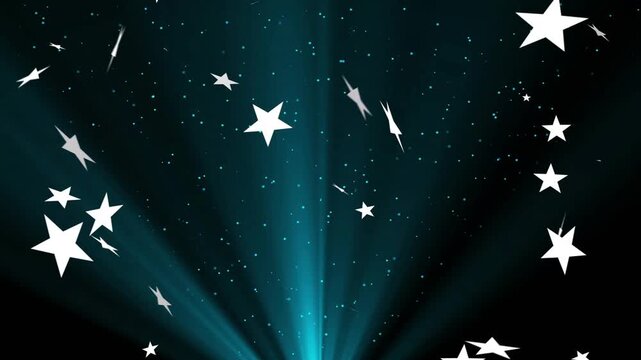 Teal beams emerging from bottom pulsing outward while white stars drifting, clustering to add depth