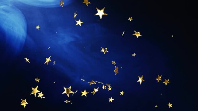 Entering from top and sides, metallic stars drifting and rotating across blue nebula for decoration