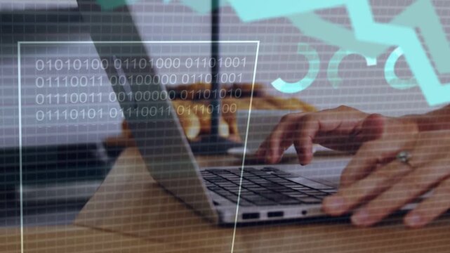 First keystroke starting overlays, hands typing on laptop while charts growing and analysing data