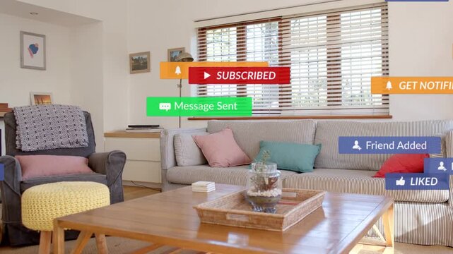 Play button appearing, social overlays clustering across sofa and table, clearing to restore calm