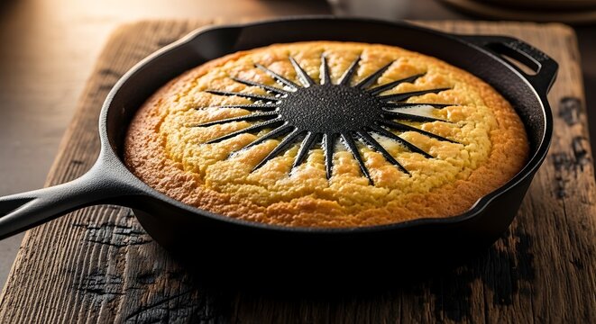 Golden cornbread baked in a cast-iron skillet with a decorative sunburst pattern