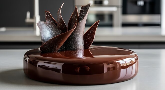 Elegant chocolate espresso mirror glaze cake with decorative chocolate shards on top.