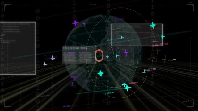 Reticle locking 3D globe rotating, HUD rings pulsing, panels collecting global data for analysis