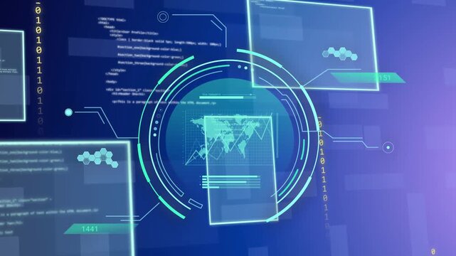 Data feed starting round HUD, panels sliding, 0 or 1 digits flowing, map chart updating showing data