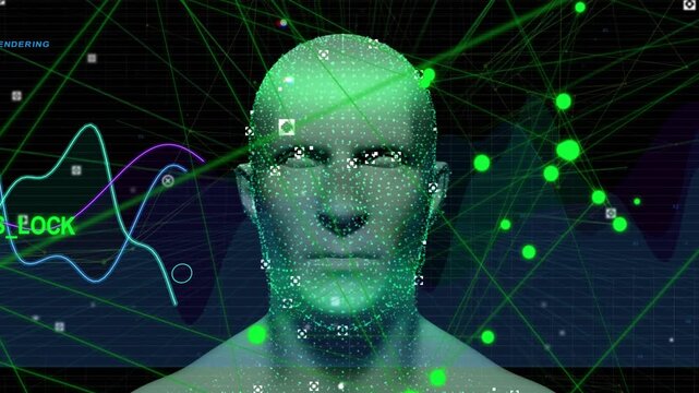 GPS_LOCK starting, 3D head forming, nodes orbiting, markers snapping, waves sweeping, showing scan
