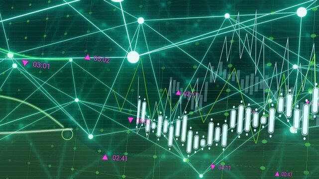 Data pulse starting core mesh shifting, nodes pulsing, candles rising, settling showing volatility