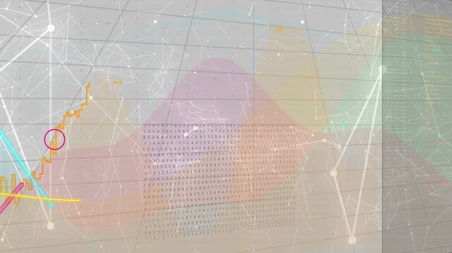 Dashboard starting frame five on 3D grid animating bars trend lines moving red dot showing trends